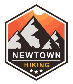 Newtown Hiking Club Logo. Black and white mountains against an orange background within a hexagon.